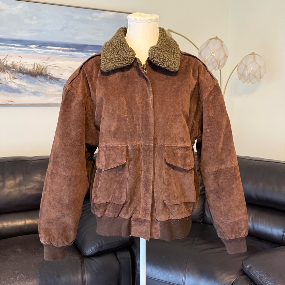 VTG Outdoor Exchange Genuine Leather Suede Bomber Jacket Collar Brown Unisex Med